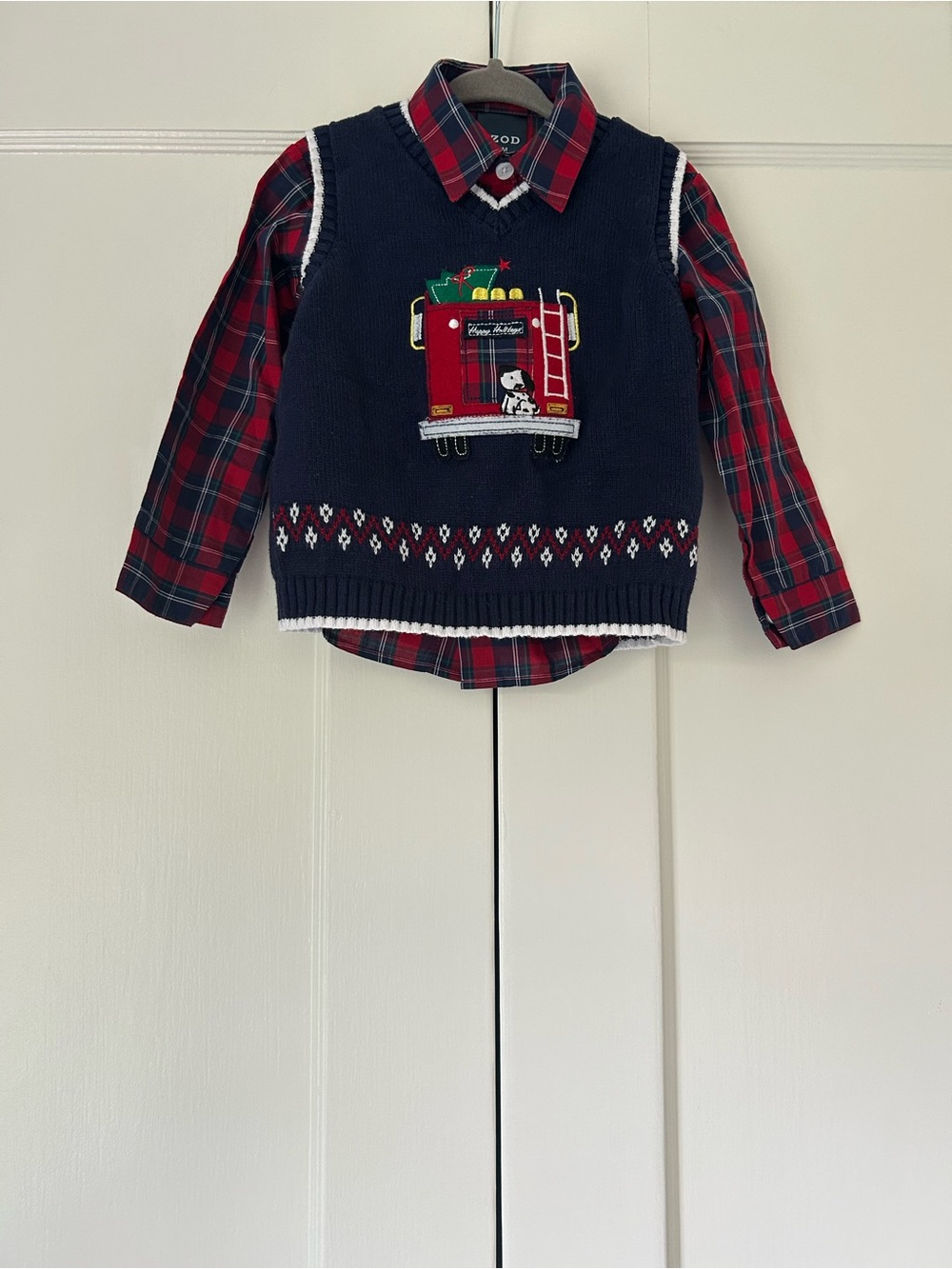 IZOD Baby Boy 2 Piece Holiday Set - Firetruck Sweater Vest w/ Plaid Button Down